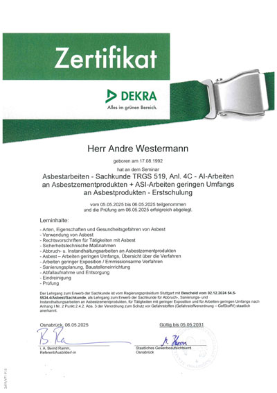 Asbestarbeiten - Sachkunde TRGS 519, Anl. 4C - Al-Arbeiten an Asbestzementprodukten + ASI-Arbeiten geringen Umfangs an Asbestprodukten - Erstschulung